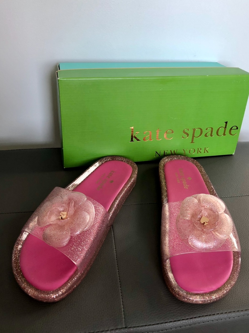 New NIB Kate Spade clear Pink Glitter Flower Slide Sandals slippers shoes 7